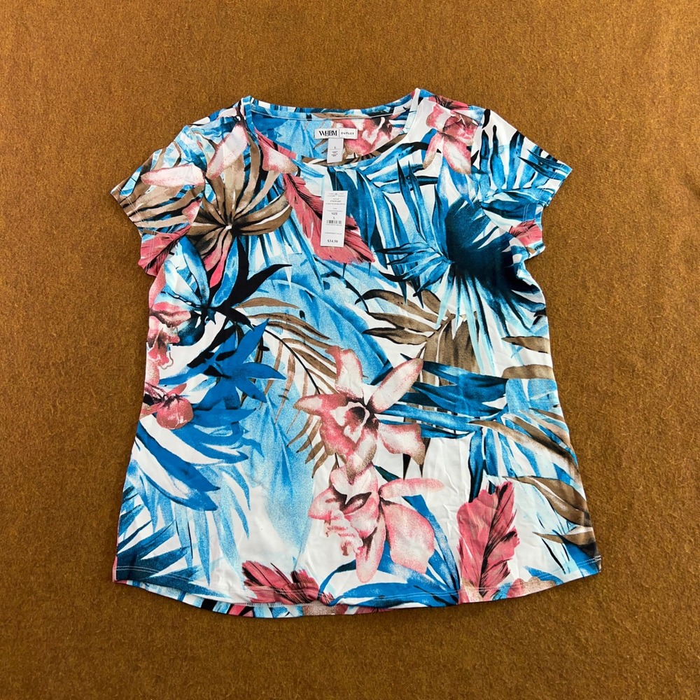 WHBM Women Large Ecru Blue Tropical Orchid SS Crew NK Foundation Tee NWT